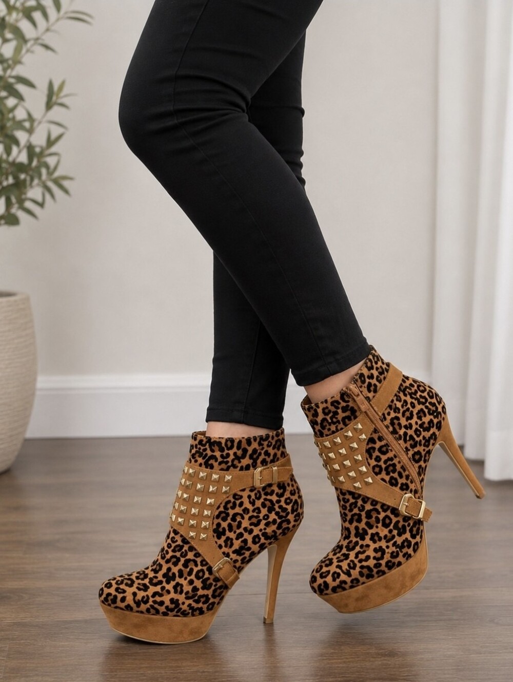 Leopard Print Studded Platform Ankle Boots - Women